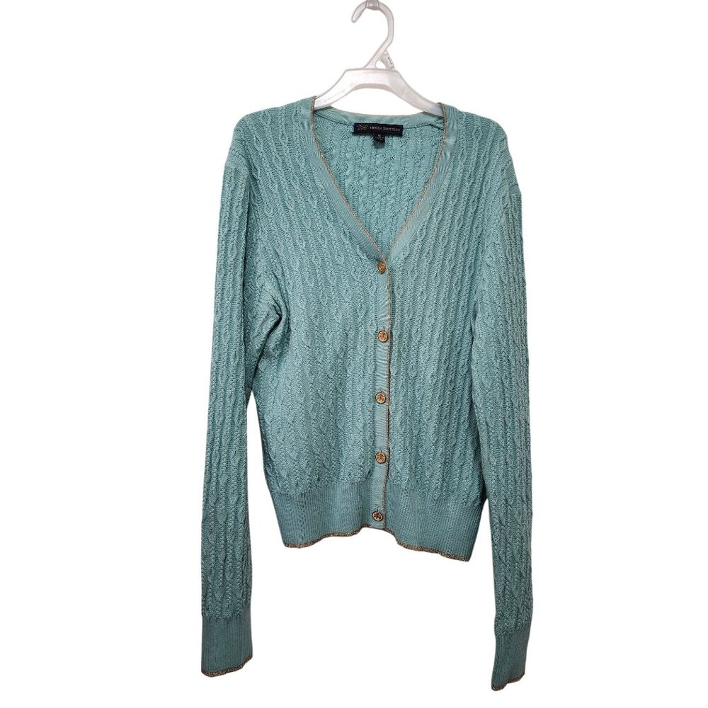 346 Brooks Brothers Womens Cardigan Sz M Sweater Green Gold Trim Buttons Career